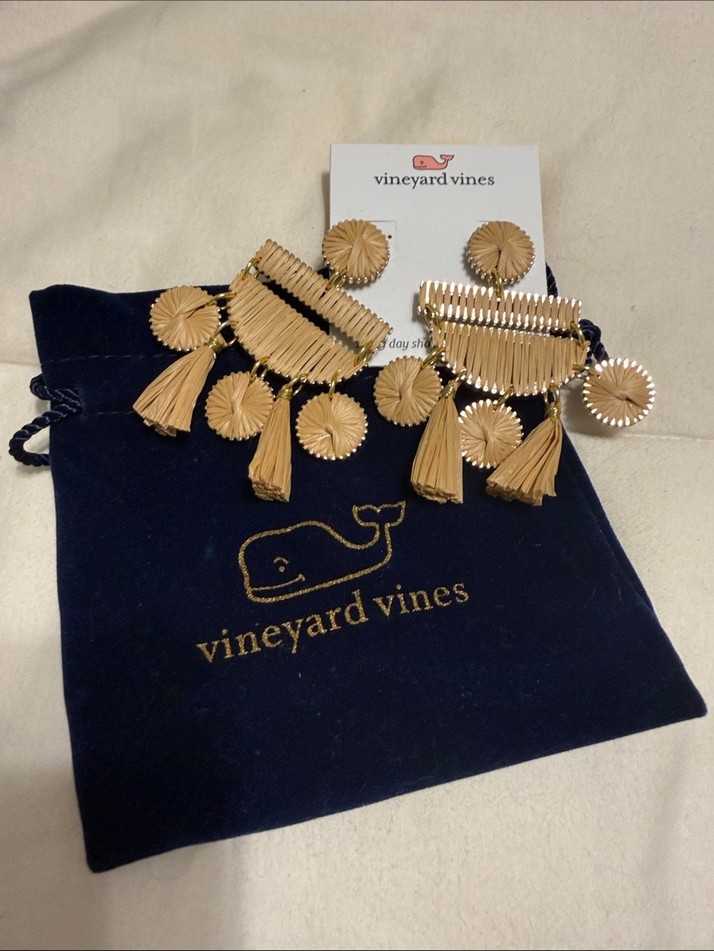 Vineyard Vines Tan Raffia Tassel Drop Earrings